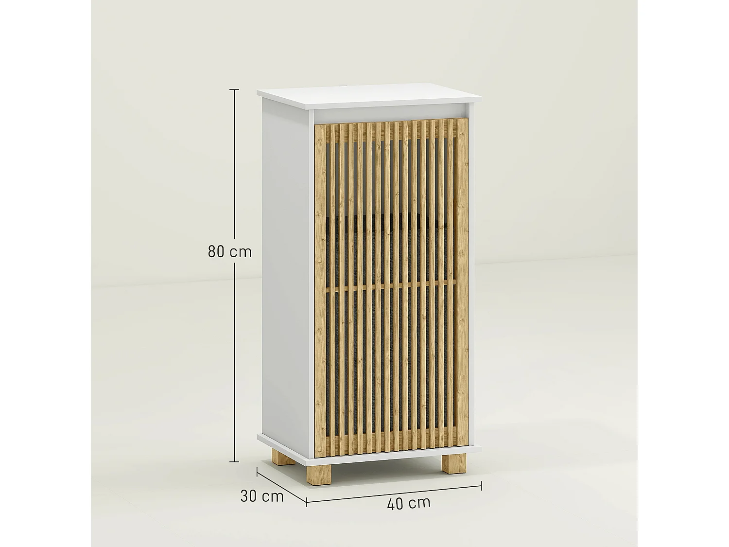 Meuble bas salle de bain - panier à linge amovible - tissu gris bambou blanc