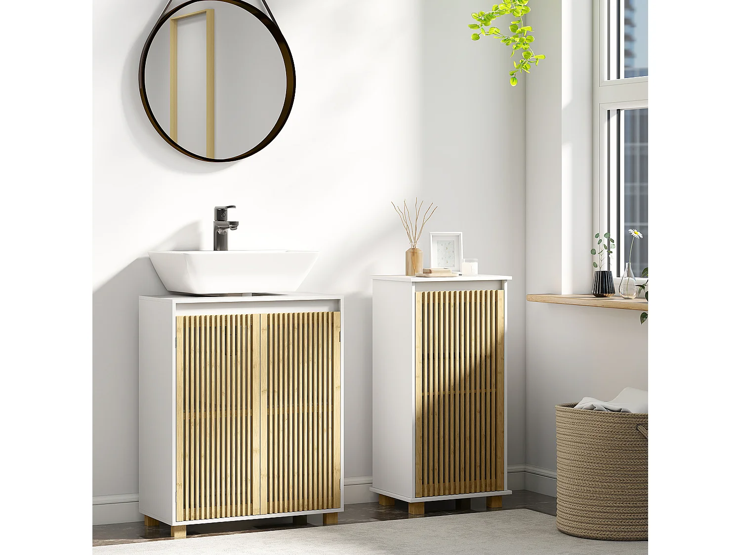 Meuble bas salle de bain - panier à linge amovible - tissu gris bambou blanc