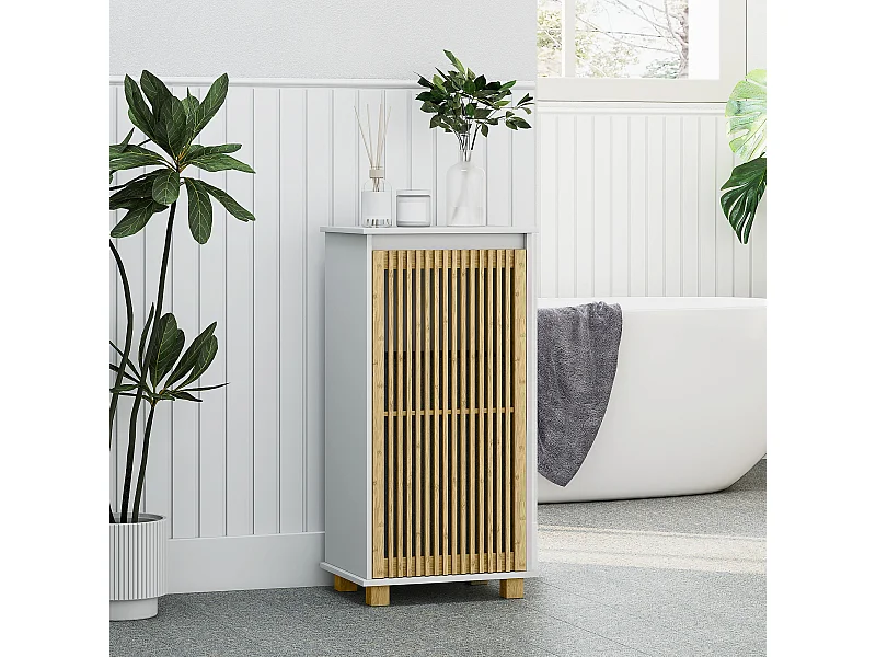 Meuble bas salle de bain - panier à linge amovible - tissu gris bambou blanc