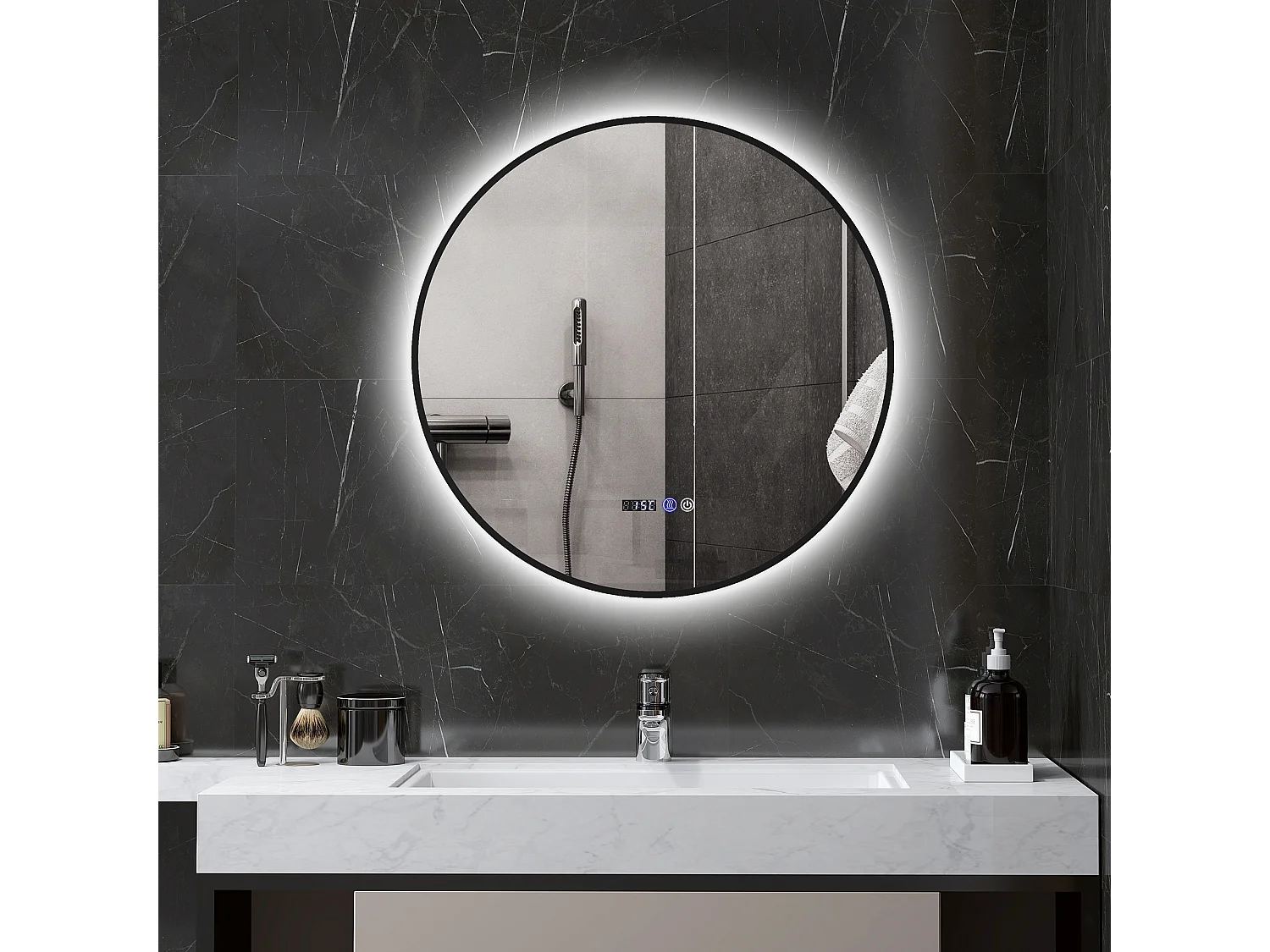 Miroir LED rond salle de bain Ø 70 cm - luminosité réglable, fonction anti-buée, tactile, affichage heure-température - métal noir