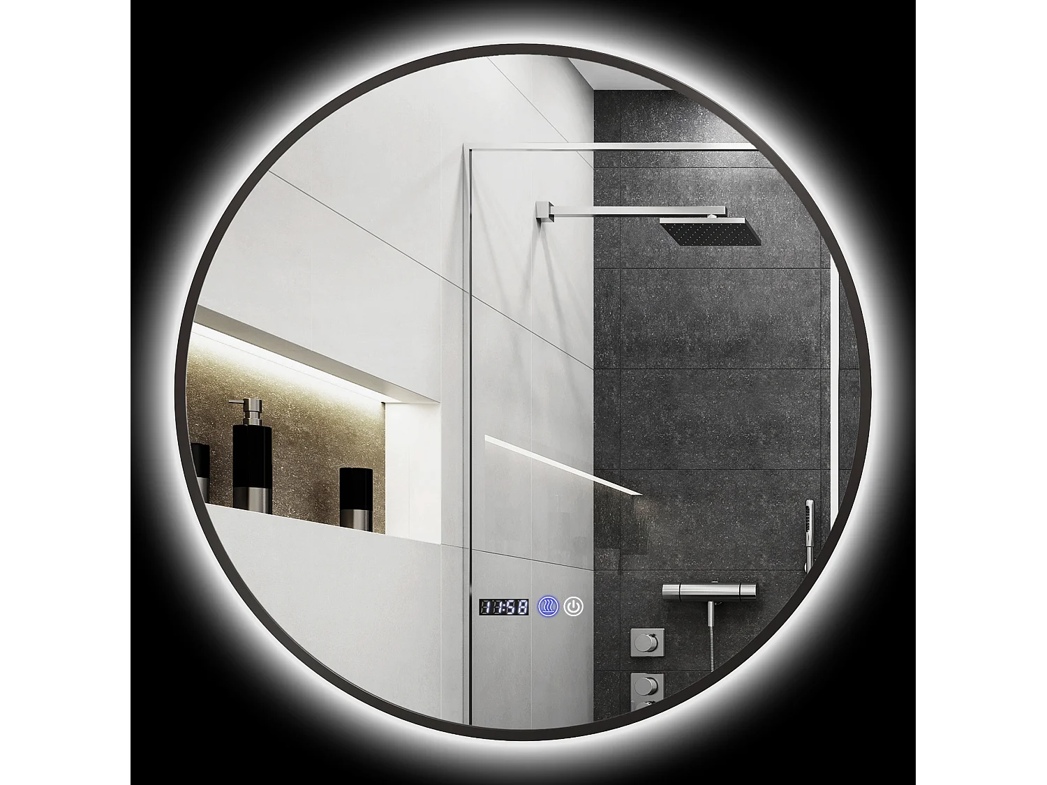 Miroir LED rond salle de bain Ø 70 cm - luminosité réglable, fonction anti-buée, tactile, affichage heure-température - métal noir