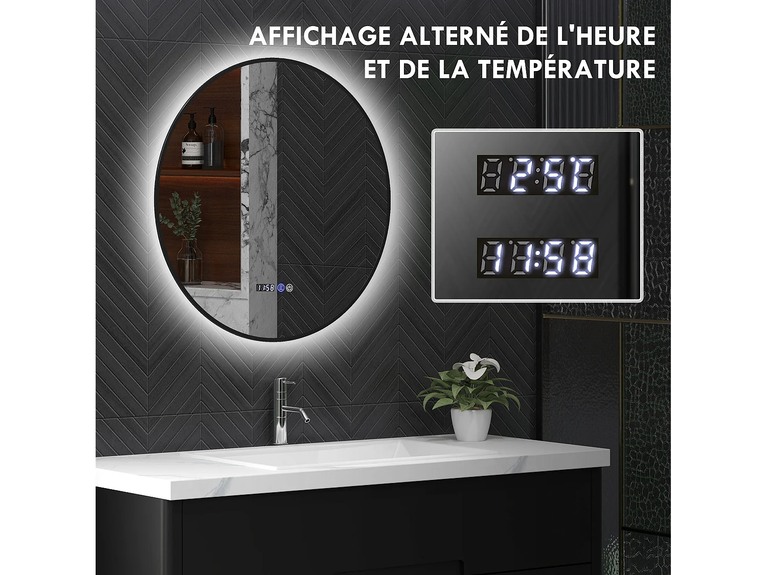 Miroir LED rond salle de bain Ø 70 cm - luminosité réglable, fonction anti-buée, tactile, affichage heure-température - métal noir