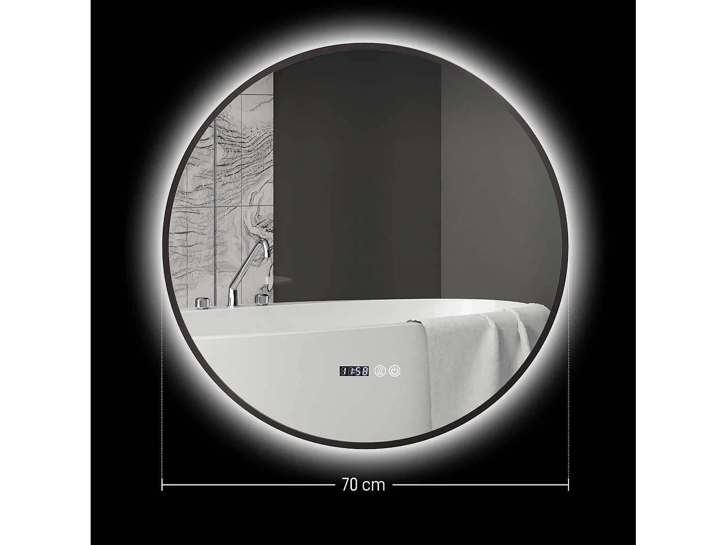Miroir LED rond salle de bain Ø 70 cm - luminosité réglable, fonction anti-buée, tactile, affichage heure-température - métal noir