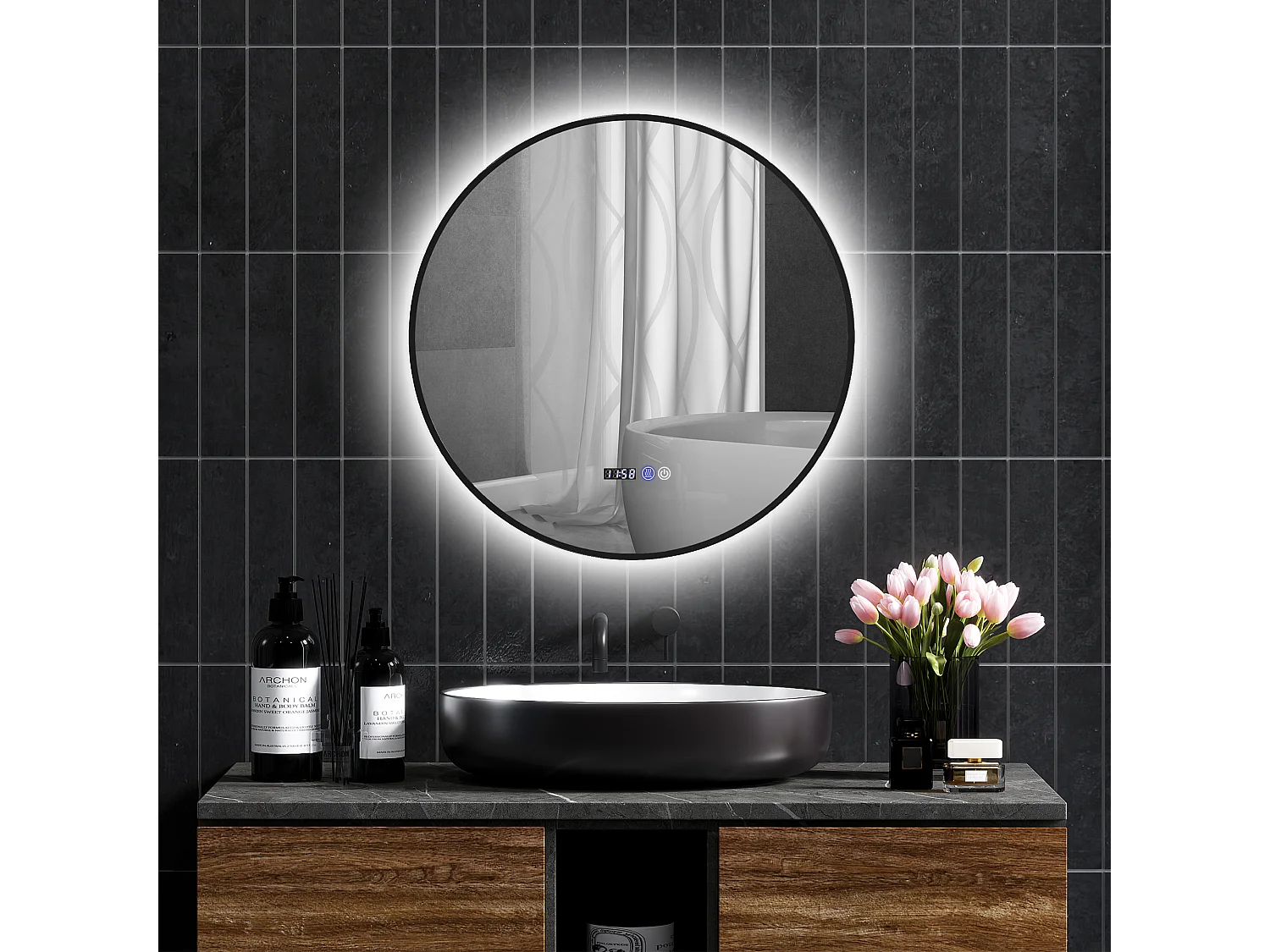 Miroir LED rond salle de bain Ø 70 cm - luminosité réglable, fonction anti-buée, tactile, affichage heure-température - métal noir