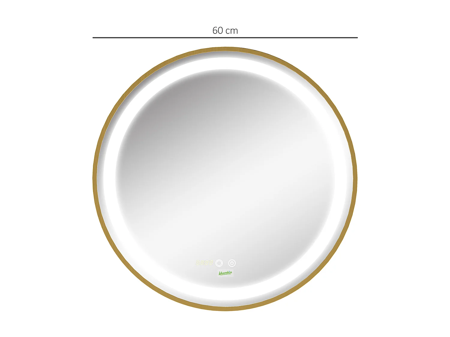 Miroir rond LED tactile salle de bain dia. 60 cm - 3 couleurs température, affichage heure - alu doré