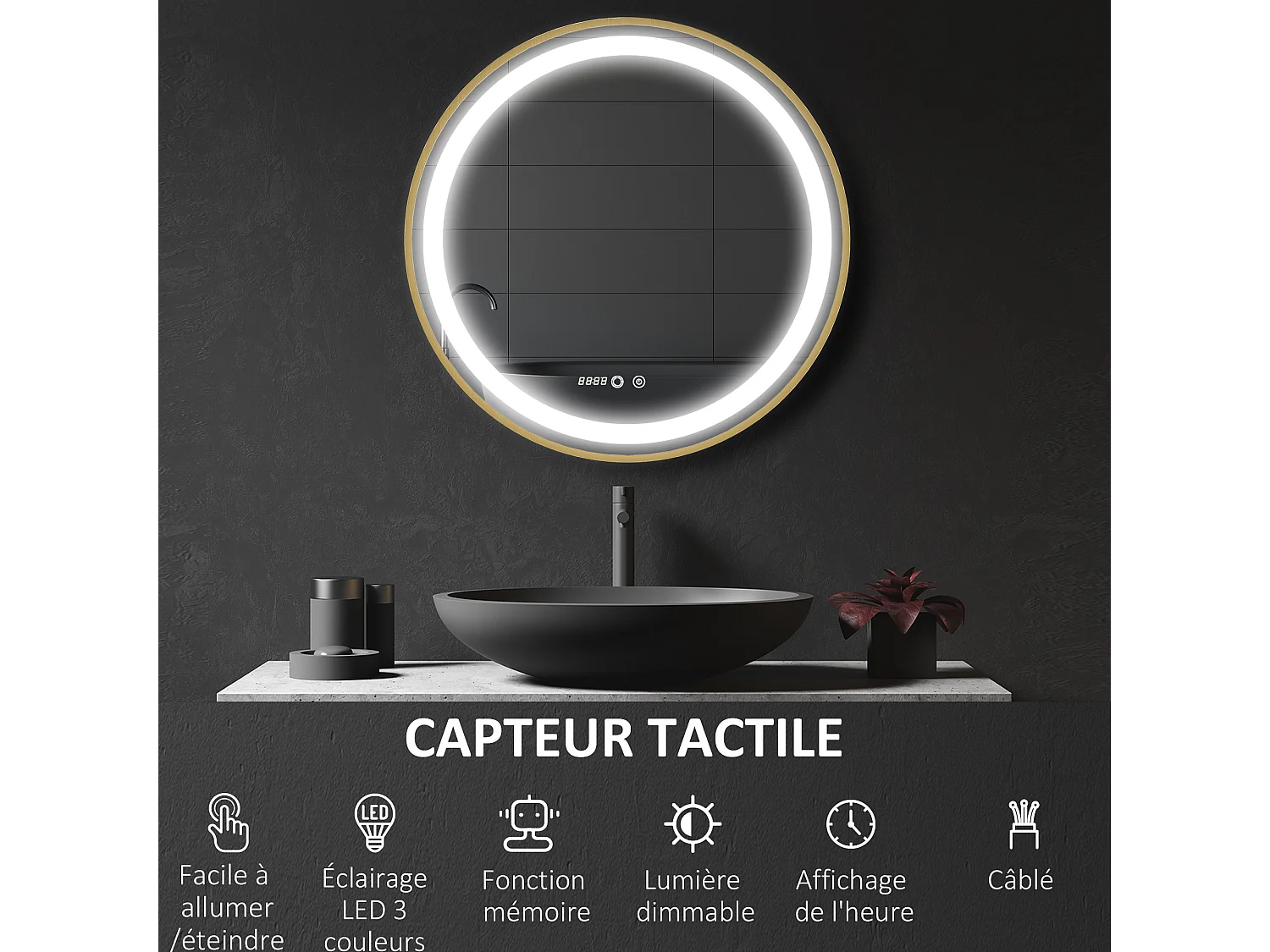 Miroir rond LED tactile salle de bain dia. 60 cm - 3 couleurs température, affichage heure - alu doré