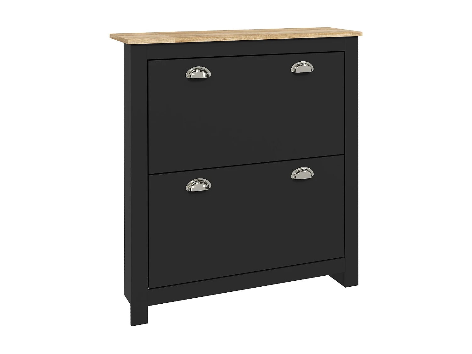 Armoire à chaussures 2 portes abattantes 2 compartiments poignées coquilles métal MDF noir chêne clair