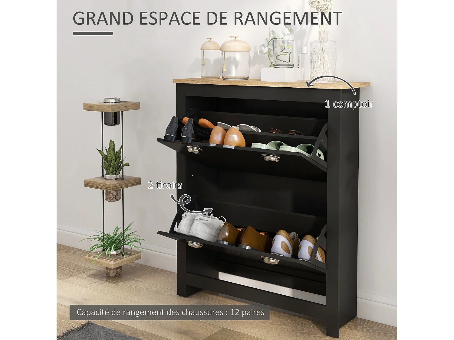 Armoire à chaussures 2 portes abattantes 2 compartiments poignées coquilles métal MDF noir chêne clair