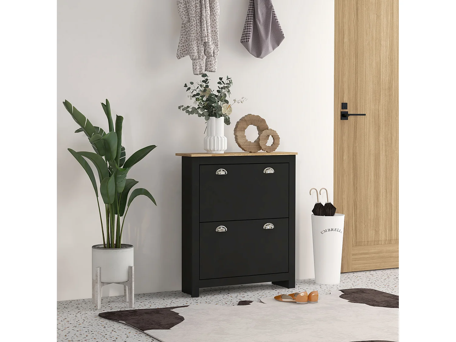 Armoire à chaussures 2 portes abattantes 2 compartiments poignées coquilles métal MDF noir chêne clair