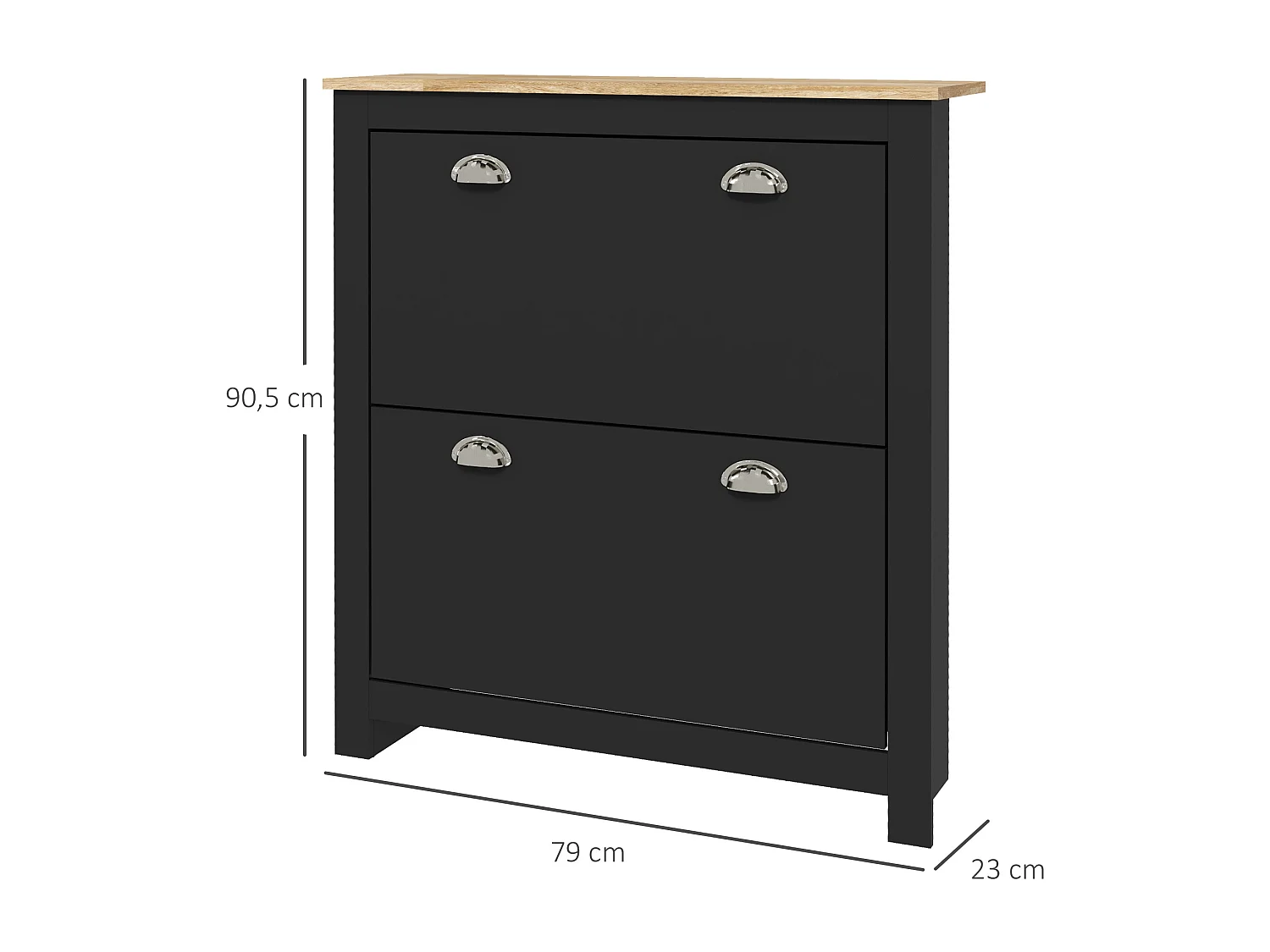 Armoire à chaussures 2 portes abattantes 2 compartiments poignées coquilles métal MDF noir chêne clair