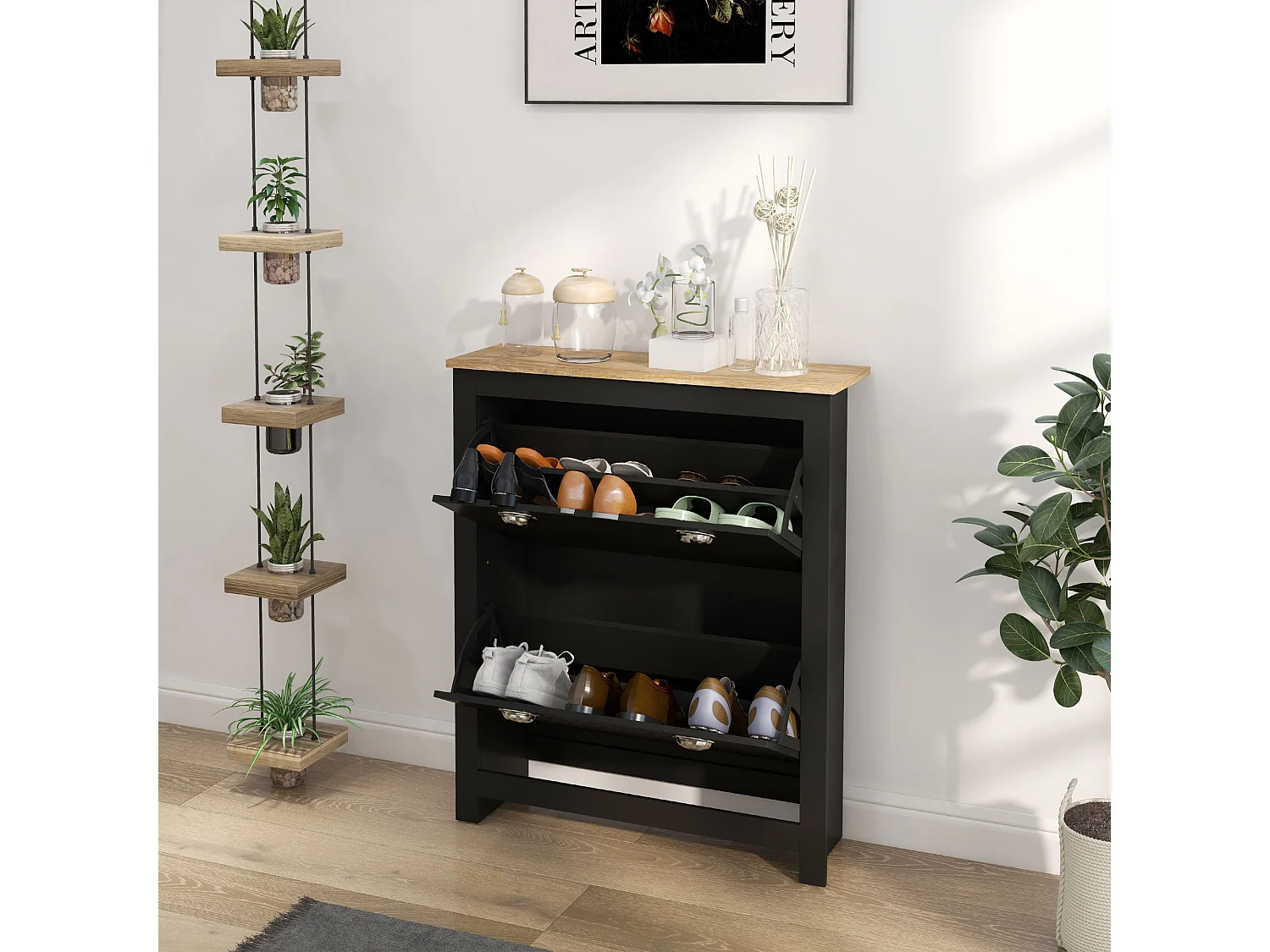 Armoire à chaussures 2 portes abattantes 2 compartiments poignées coquilles métal MDF noir chêne clair