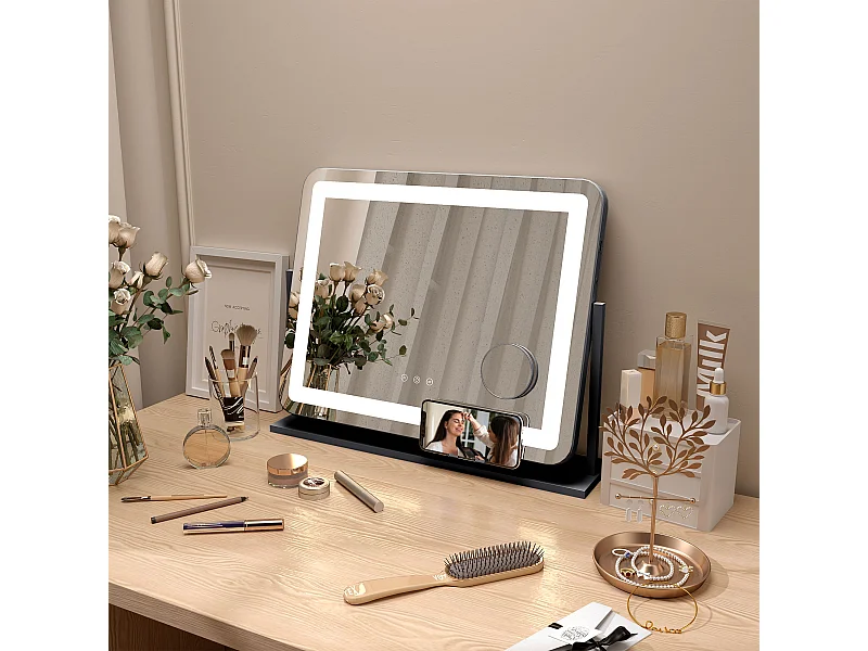 Miroir lumineux LED 3 modes d'éclairage grossissement 10X rotation à 360° port charge USB