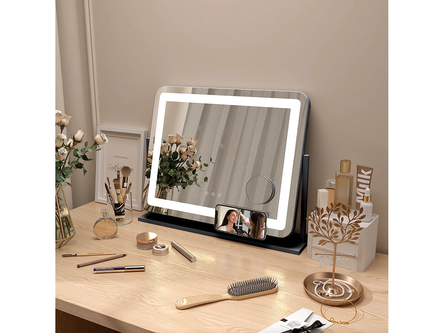 Miroir lumineux LED 3 modes d'éclairage grossissement 10X rotation à 360° port charge USB