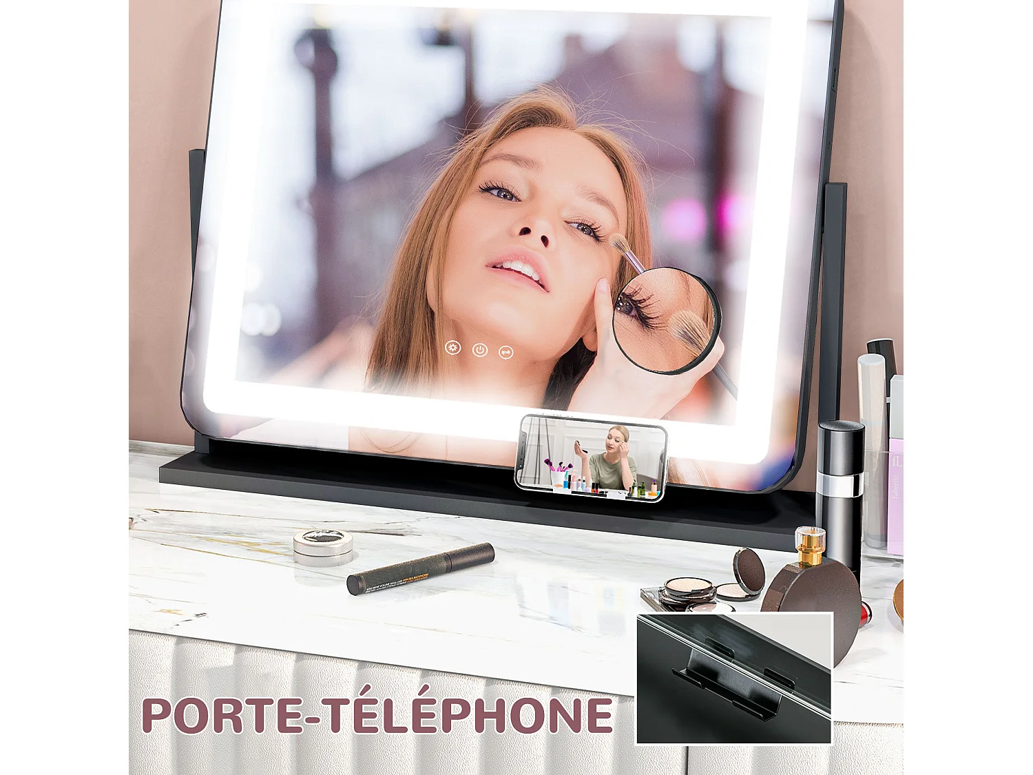 Miroir lumineux LED 3 modes d'éclairage grossissement 10X rotation à 360° port charge USB