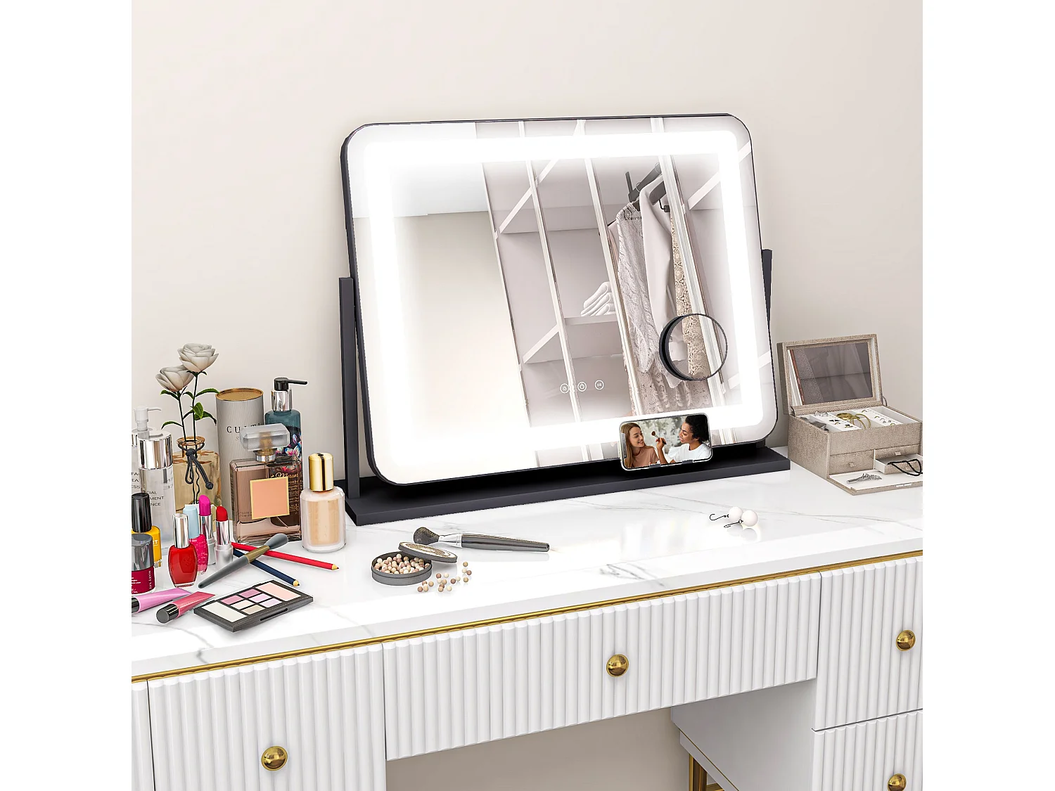 Miroir lumineux LED 3 modes d'éclairage grossissement 10X rotation à 360° port charge USB