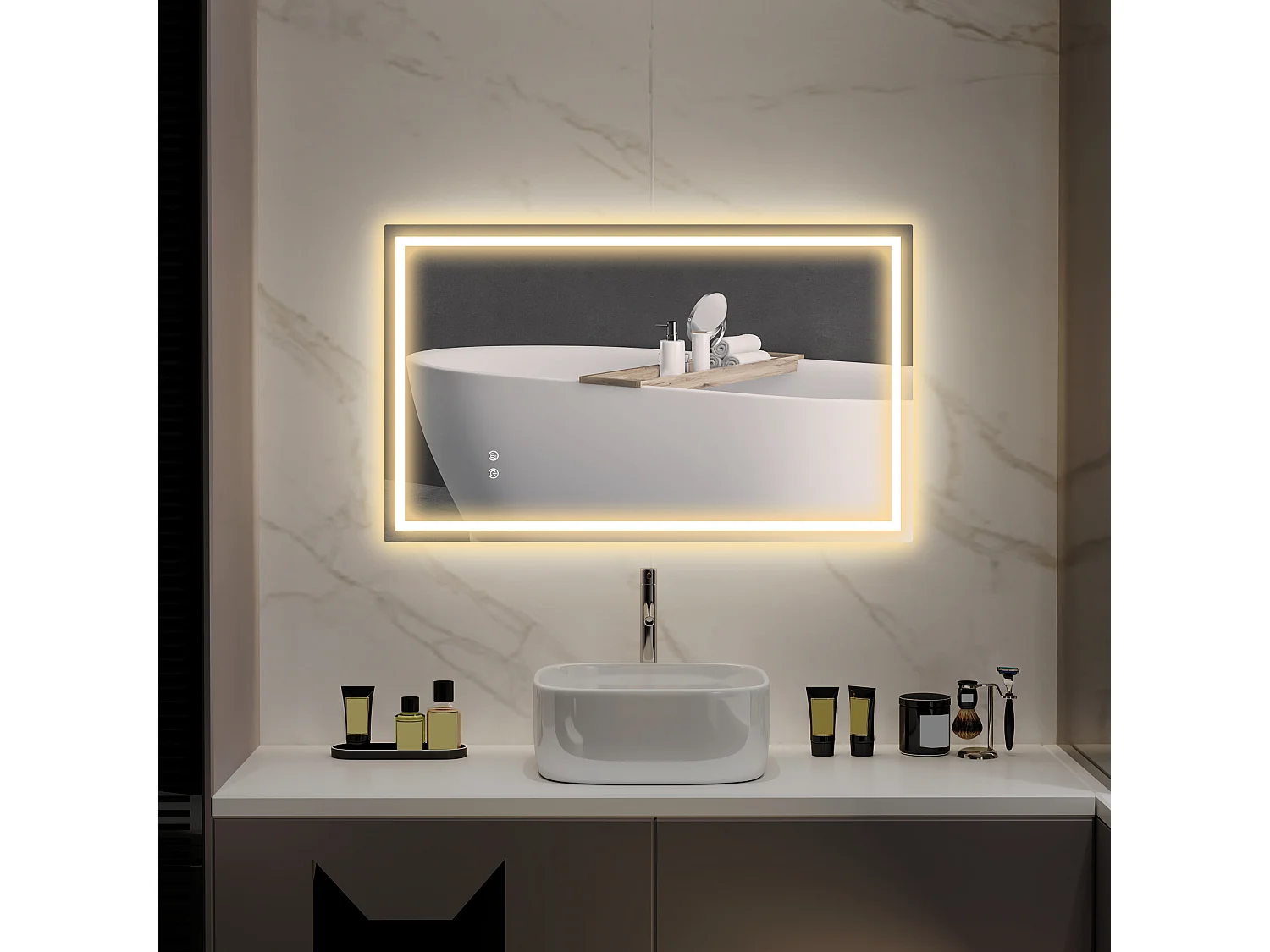 Miroir LED mural de salle de bain - 100L x 60H cm - luminosité réglable 3 couleurs - interrupteur tactile - système antibué