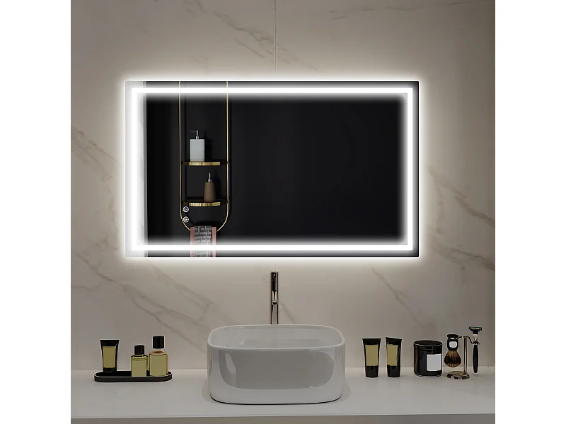 Miroir LED mural de salle de bain - 100L x 60H cm - luminosité réglable 3 couleurs - interrupteur tactile - système antibué