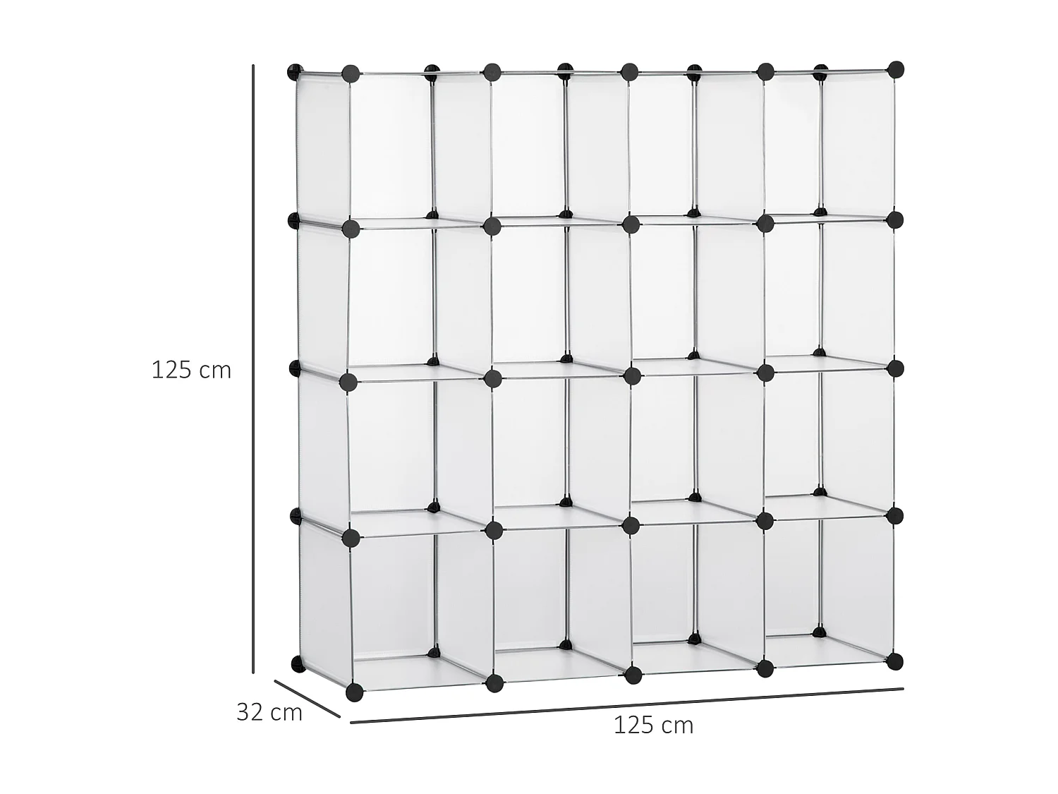 Rangement modulable 16 cubes forme carré dim. totales 125 x 125 cm acier noir PP transparent
