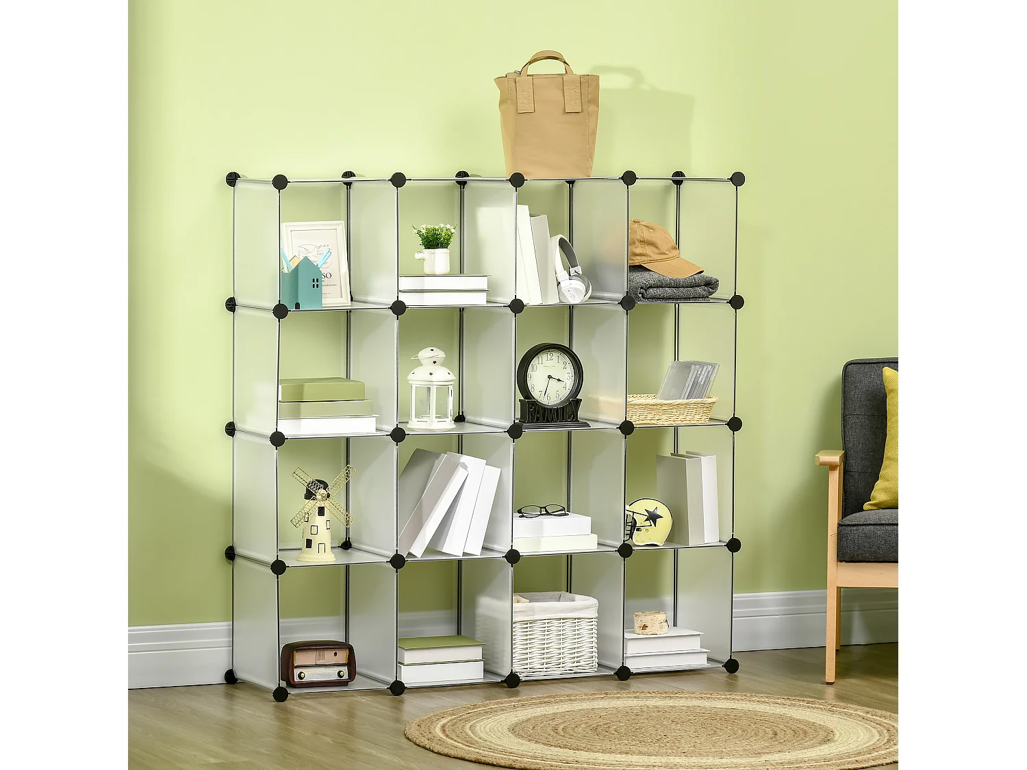 Rangement modulable 16 cubes forme carré dim. totales 125 x 125 cm acier noir PP transparent