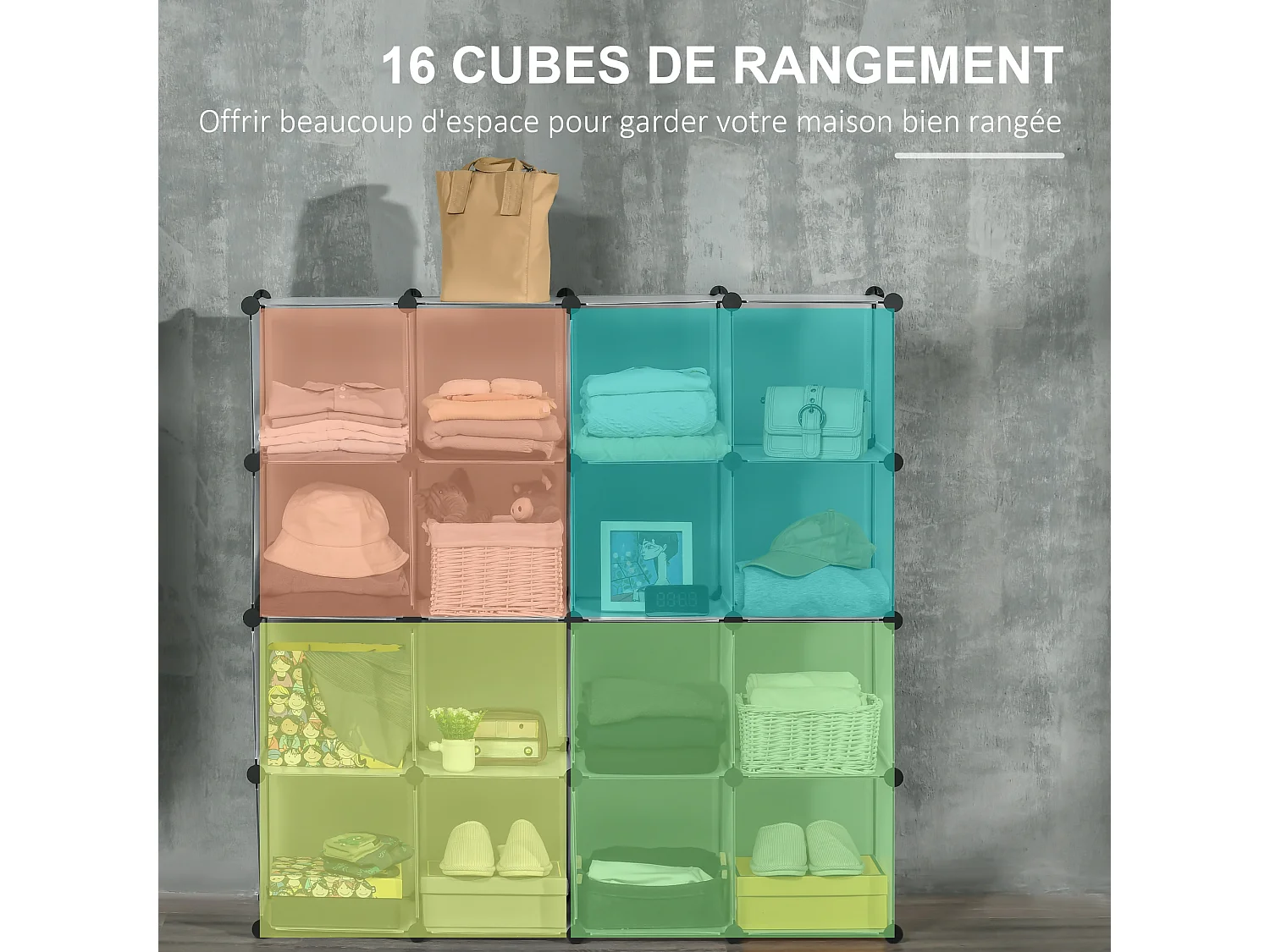Rangement modulable 16 cubes forme carré dim. totales 125 x 125 cm acier noir PP transparent