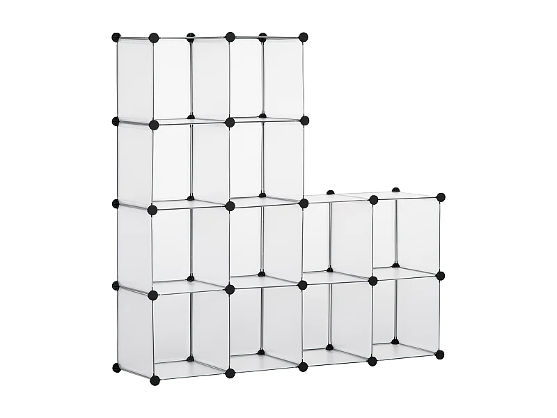Rangement modulable 16 cubes forme carré dim. totales 125 x 125 cm acier noir PP transparent