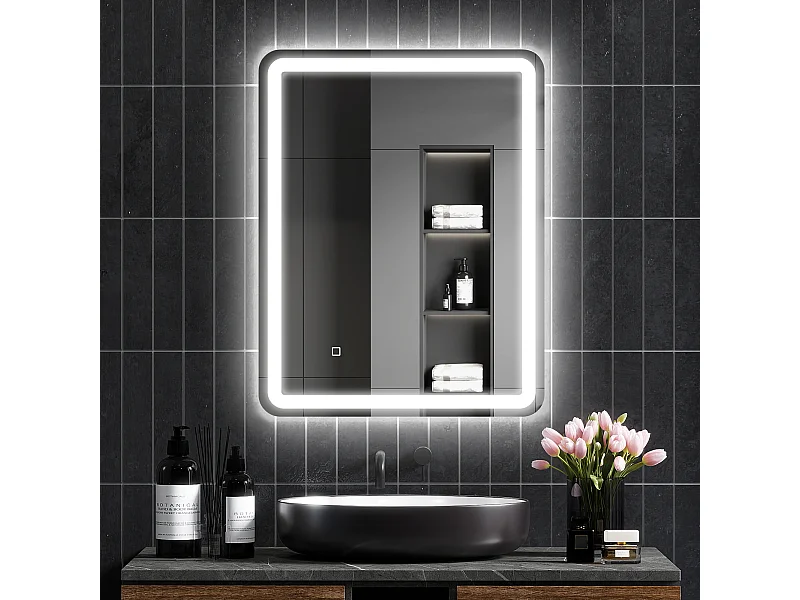 Miroir lumineux LED salle de bain 70 x 90 cm lumière réglable 3 couleurs fonction anti-buée et mémoire