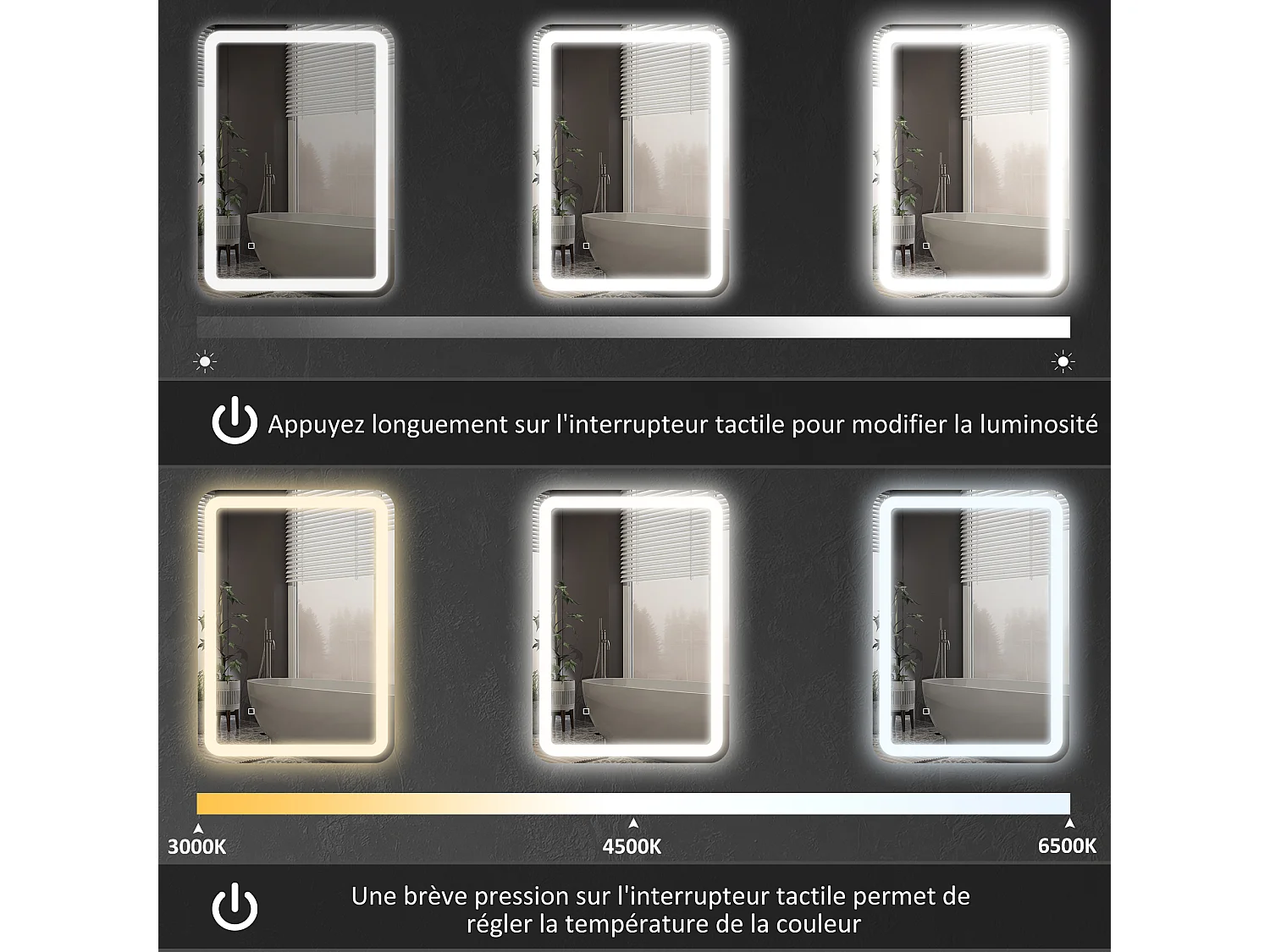 Miroir lumineux LED salle de bain 70 x 90 cm lumière réglable 3 couleurs fonction anti-buée et mémoire