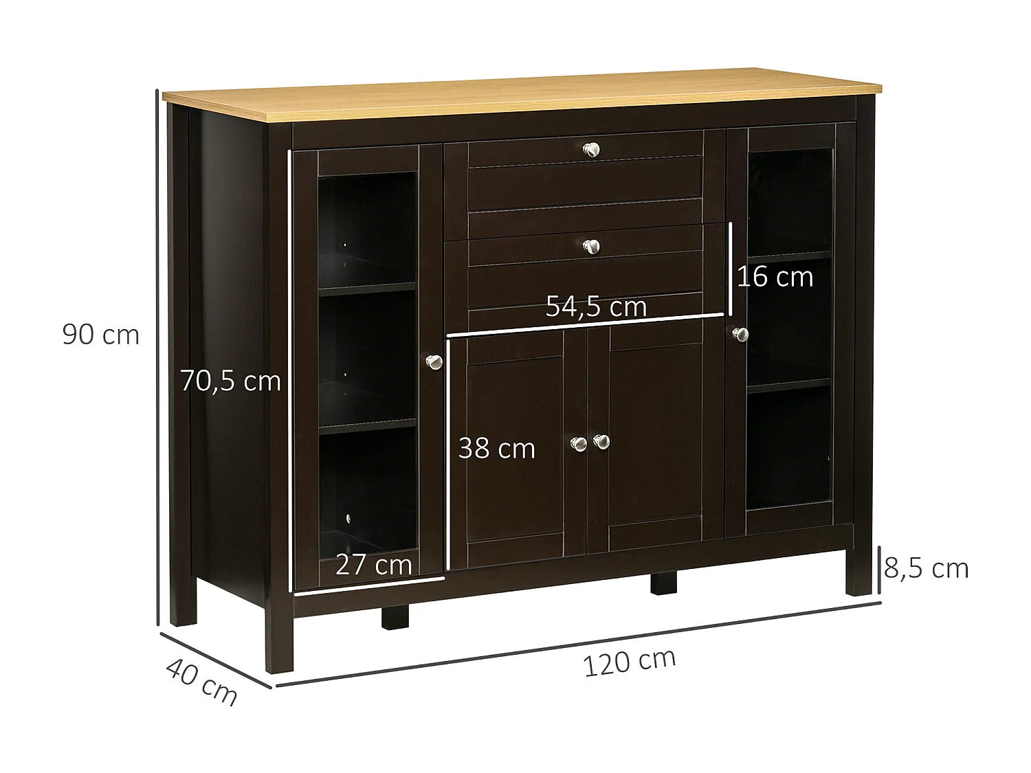 Buffet style classique chic multi-rangement 2 portes 2 étagères réglables 2 tiroirs coulissants placard 2 portes MDF noir plateau aspect bois clair