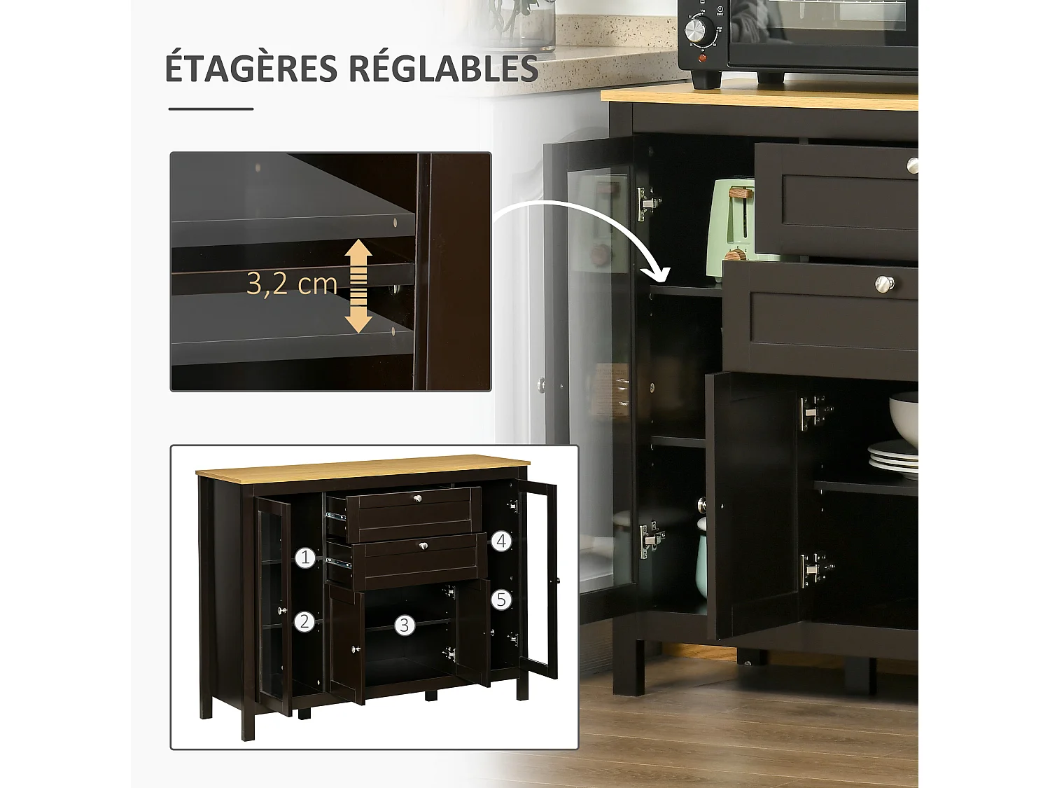 Buffet style classique chic multi-rangement 2 portes 2 étagères réglables 2 tiroirs coulissants placard 2 portes MDF noir plateau aspect bois clair