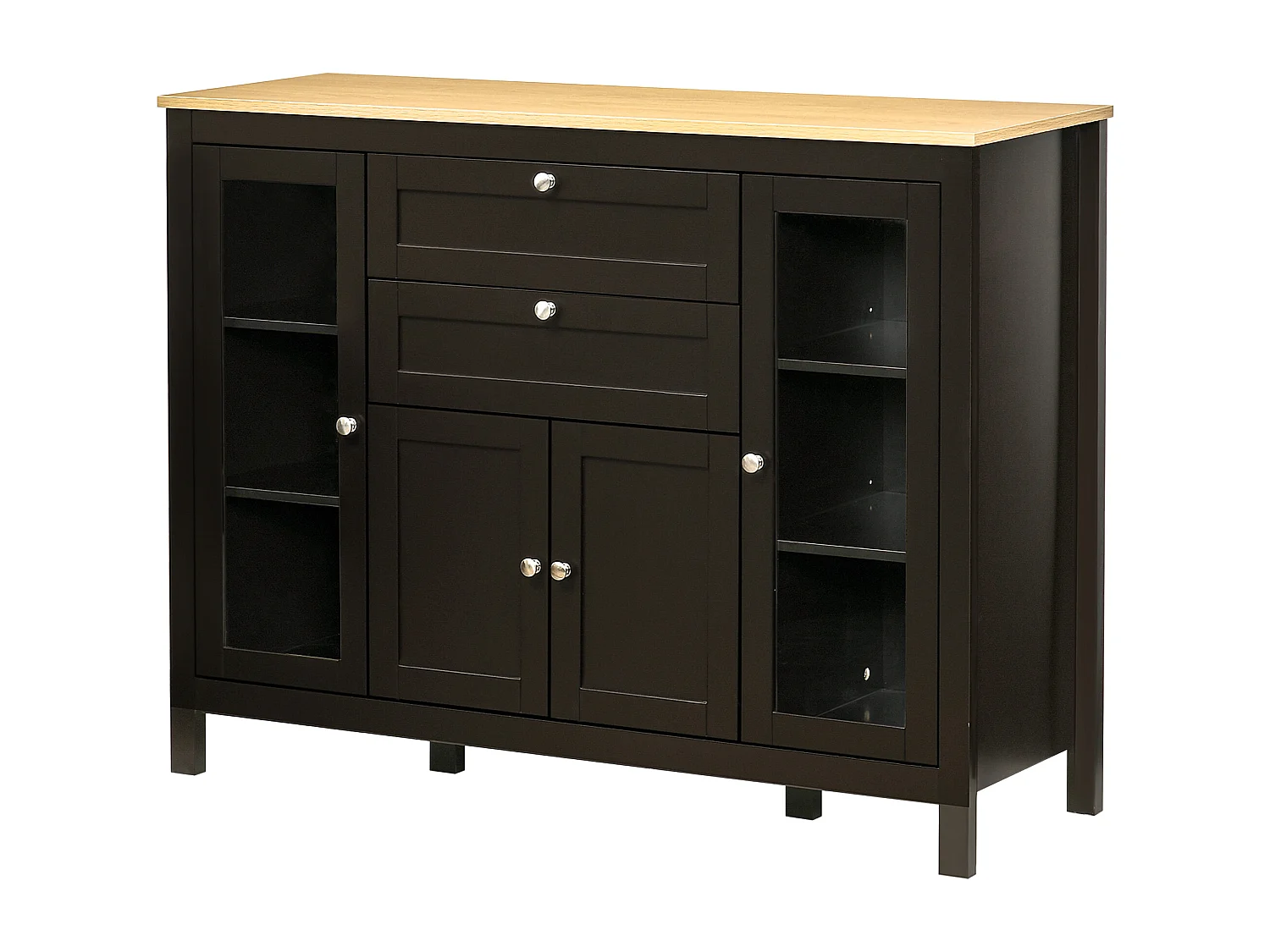 Buffet style classique chic multi-rangement 2 portes 2 étagères réglables 2 tiroirs coulissants placard 2 portes MDF noir plateau aspect bois clair