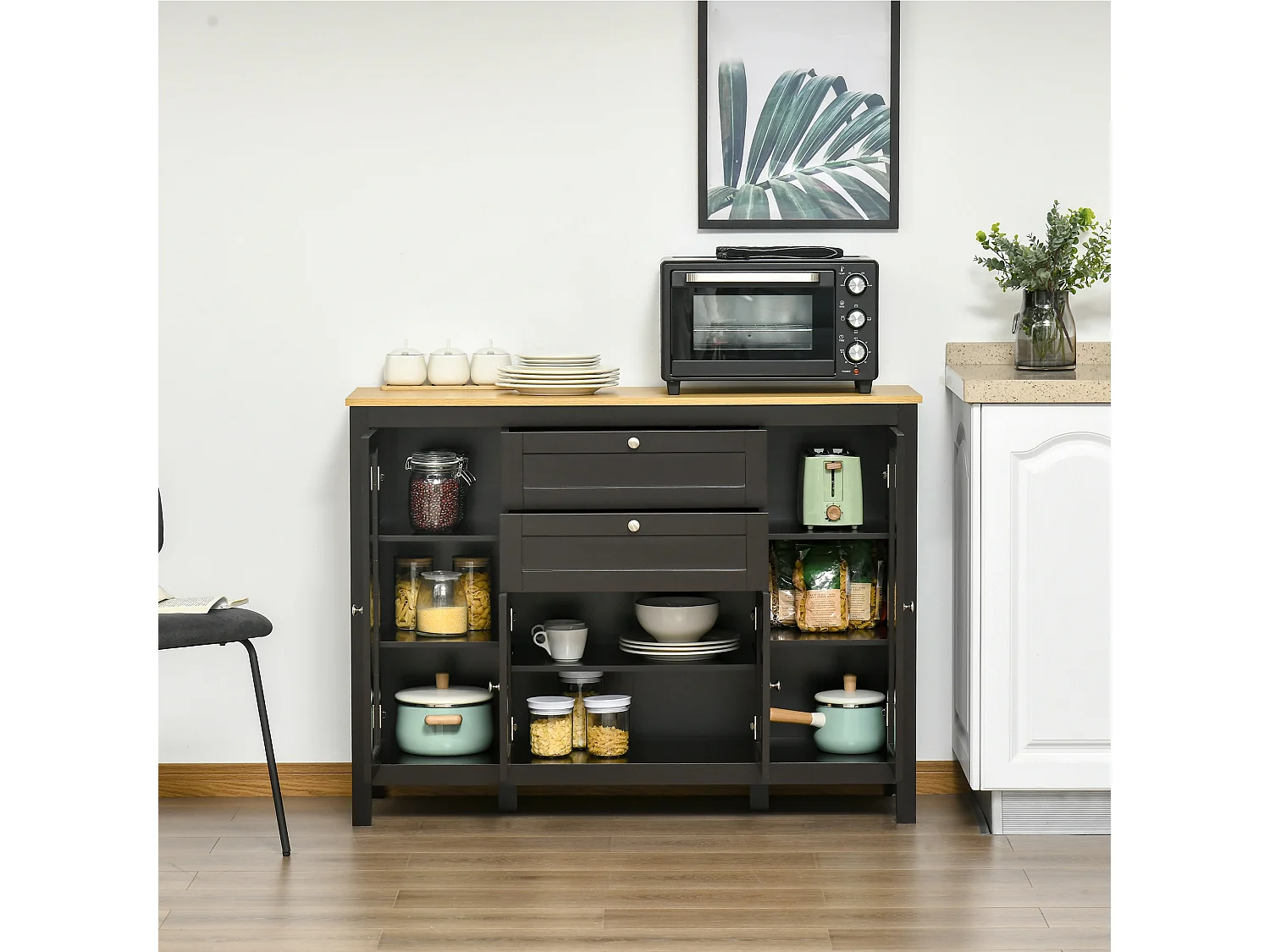 Buffet style classique chic multi-rangement 2 portes 2 étagères réglables 2 tiroirs coulissants placard 2 portes MDF noir plateau aspect bois clair