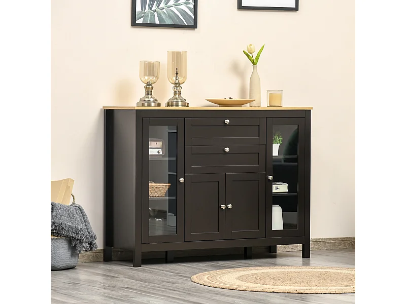 Buffet style classique chic multi-rangement 2 portes 2 étagères réglables 2 tiroirs coulissants placard 2 portes MDF noir plateau aspect bois clair