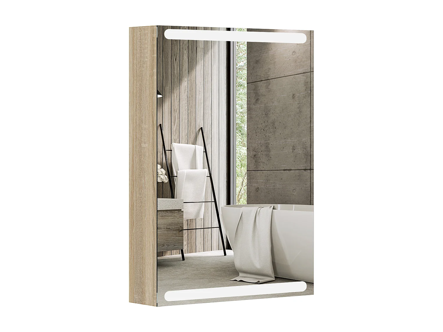 Armoire murale salle de bain  1 porte miroir lumineux LED intégré 50 x 70 cm 2 étagères verre effet bois