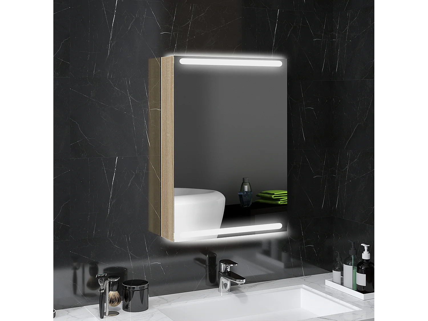 Armoire murale salle de bain  1 porte miroir lumineux LED intégré 50 x 70 cm 2 étagères verre effet bois