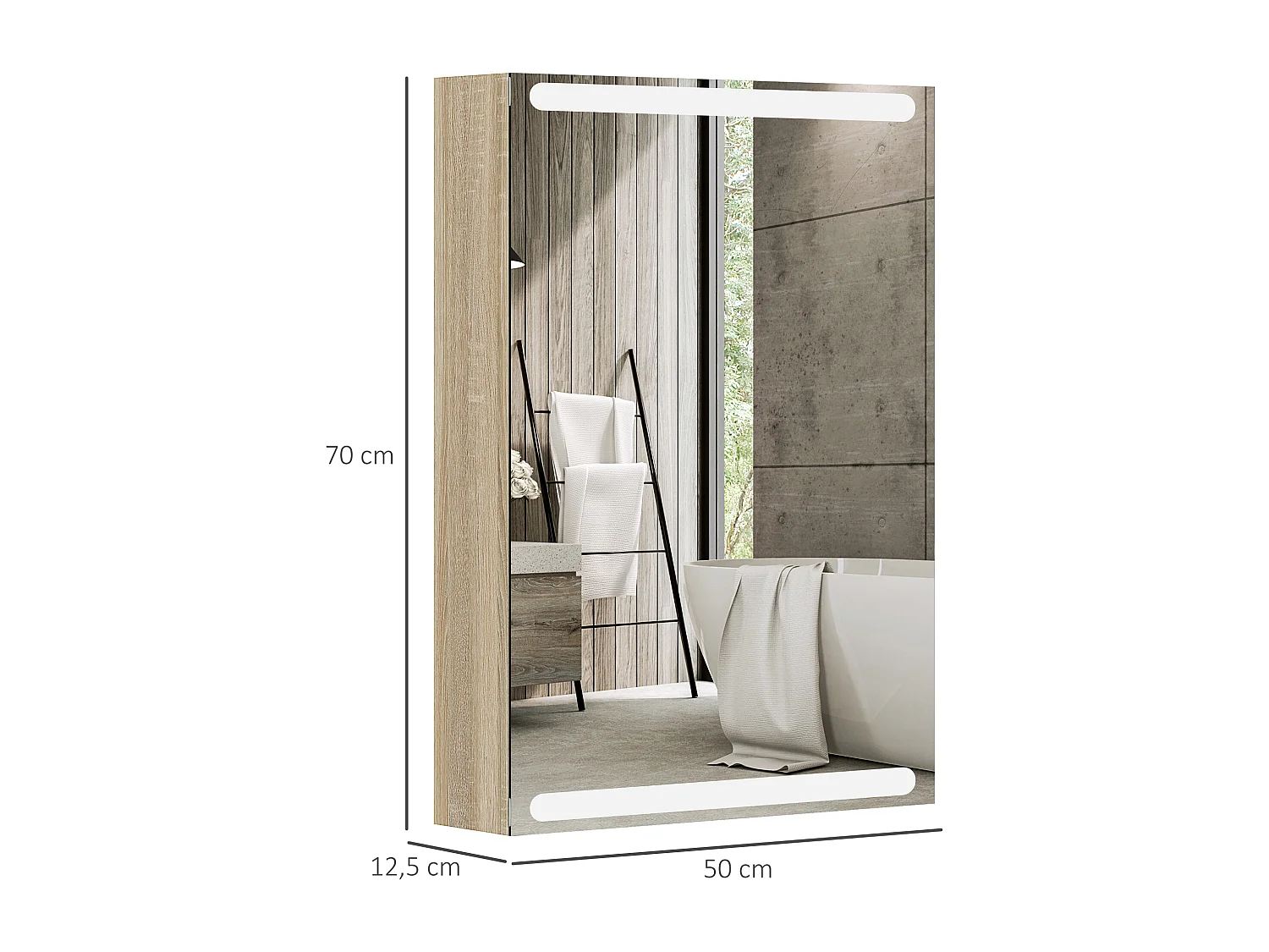 Armoire murale salle de bain  1 porte miroir lumineux LED intégré 50 x 70 cm 2 étagères verre effet bois