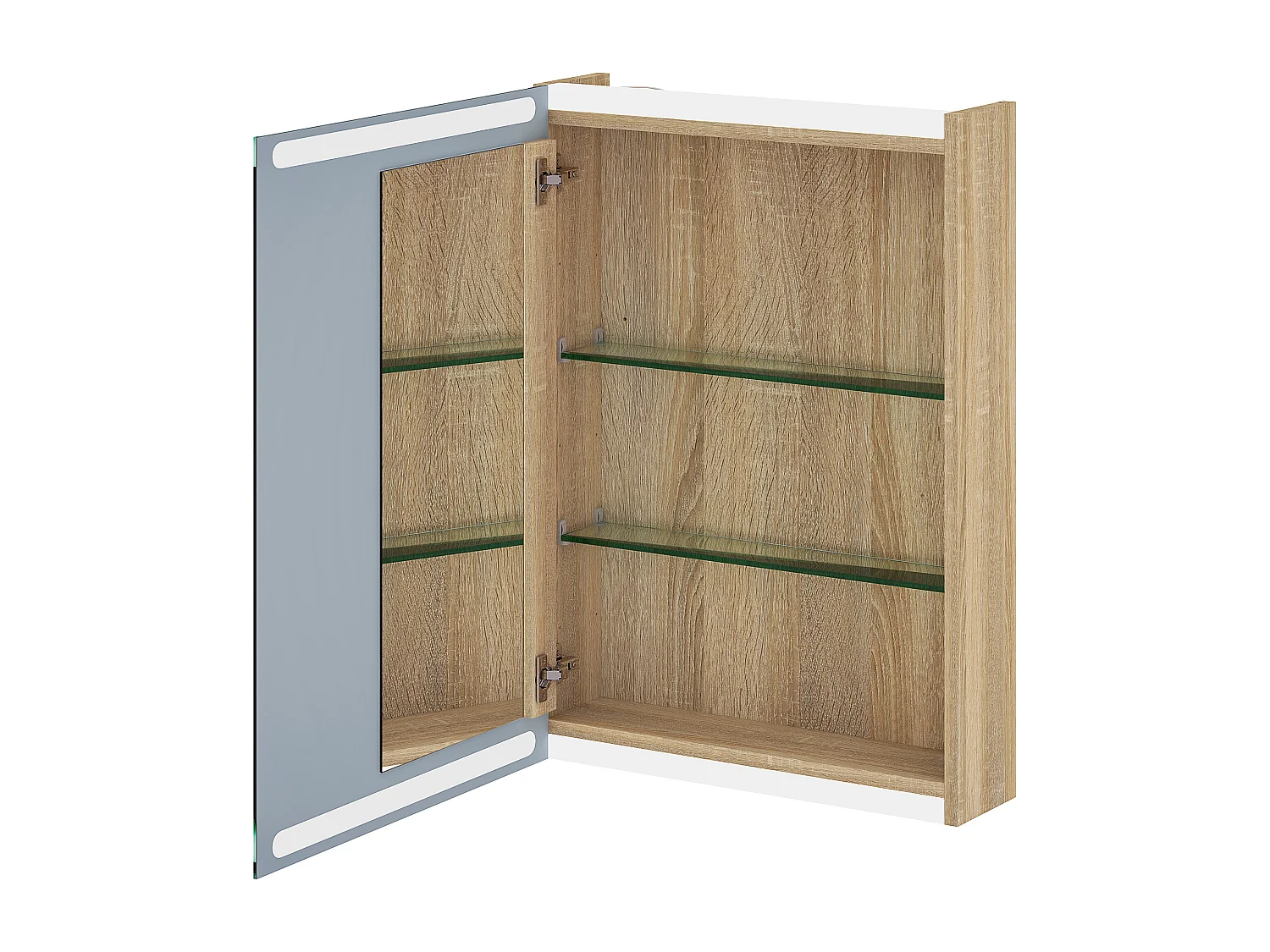 Armoire murale salle de bain  1 porte miroir lumineux LED intégré 50 x 70 cm 2 étagères verre effet bois