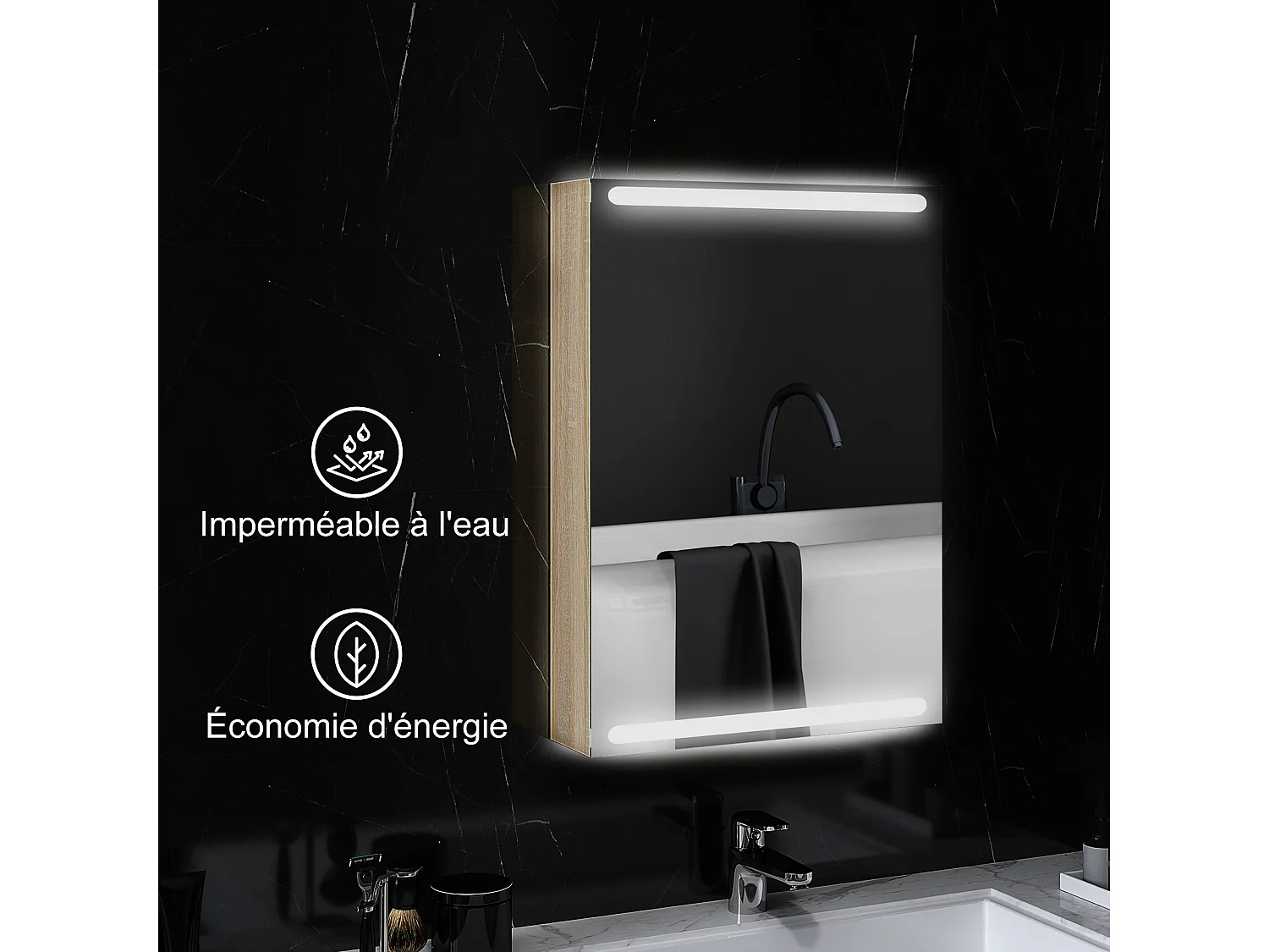 Armoire murale salle de bain  1 porte miroir lumineux LED intégré 50 x 70 cm 2 étagères verre effet bois