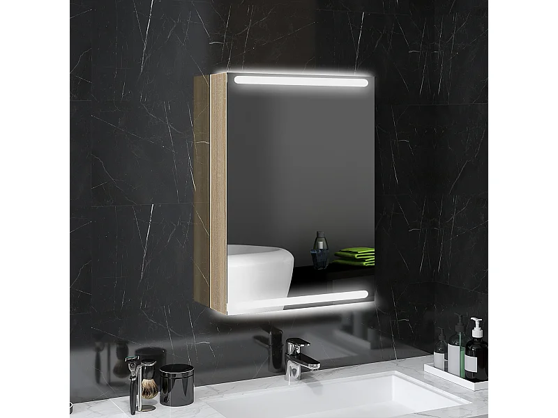 Armoire murale salle de bain  1 porte miroir lumineux LED intégré 50 x 70 cm 2 étagères verre effet bois