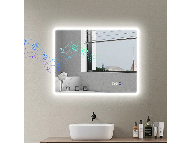 Miroir lumineux LED salle de bain 90 x 70 cm bluetooth interrupteur tactile lumière réglable 3 couleurs fonction anti-buée et mémoire