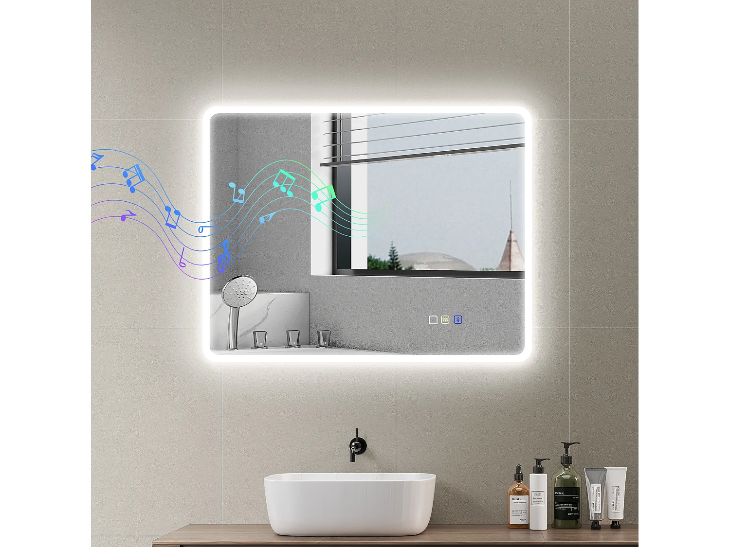 Miroir lumineux LED salle de bain 90 x 70 cm bluetooth interrupteur tactile lumière réglable 3 couleurs fonction anti-buée et mémoire