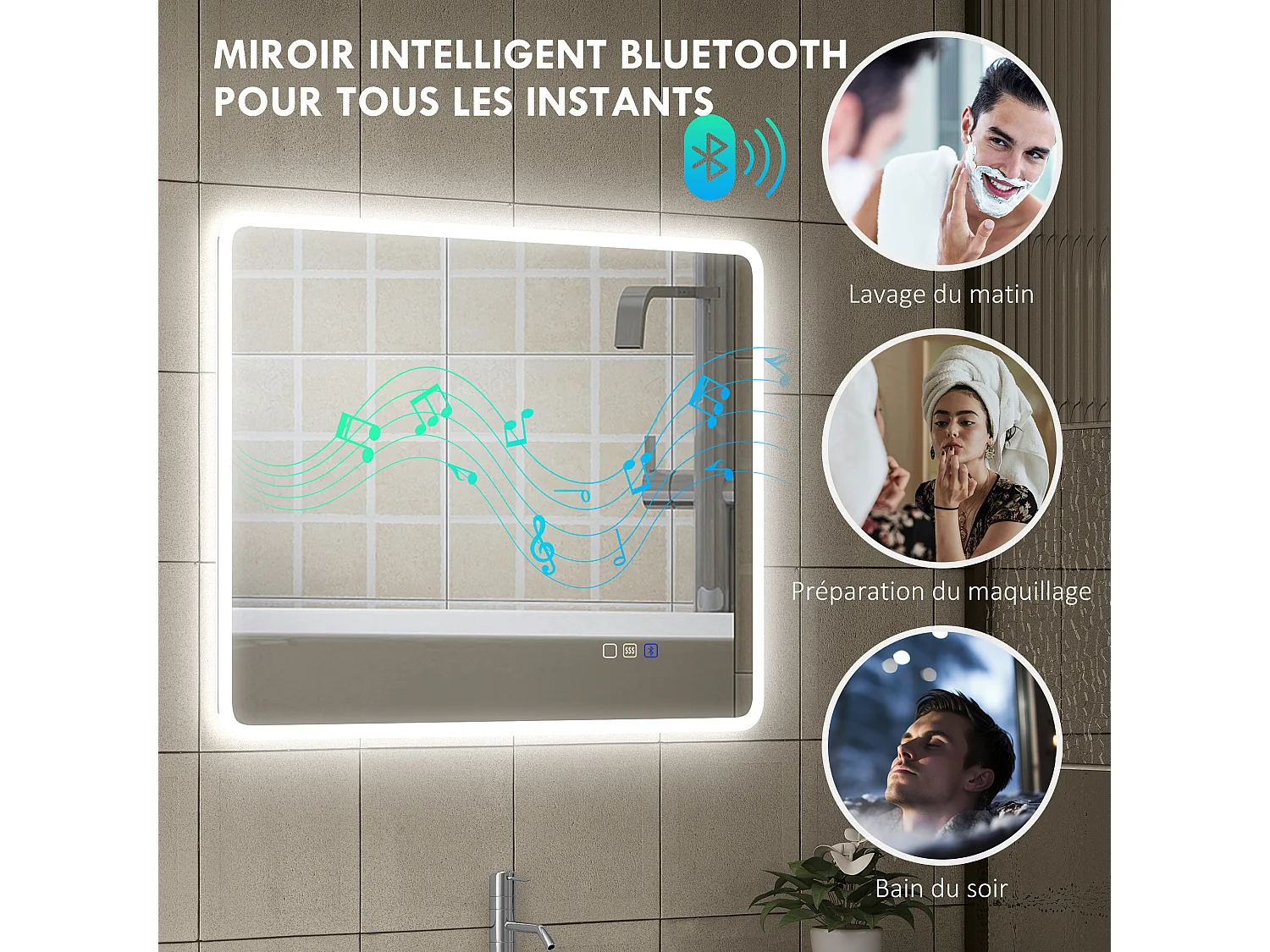 Miroir lumineux LED salle de bain 90 x 70 cm bluetooth interrupteur tactile lumière réglable 3 couleurs fonction anti-buée et mémoire