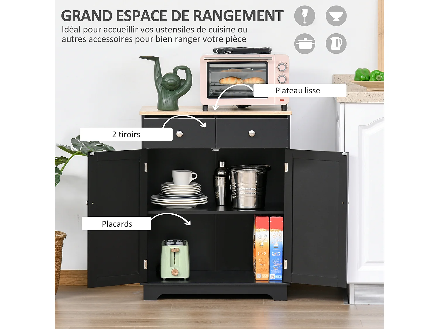 Buffet multi-rangement 2 portes avec étagère réglable 2 tiroirs coulissants bois d'hévéa MDF noir
