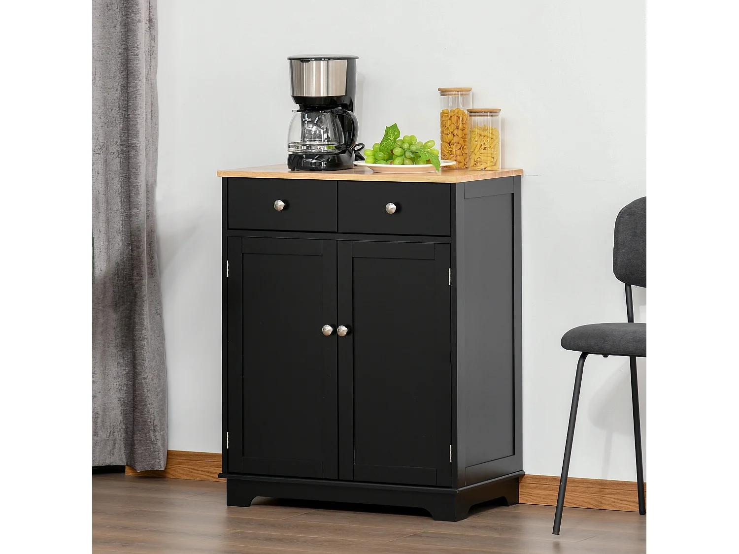 Buffet multi-rangement 2 portes avec étagère réglable 2 tiroirs coulissants bois d'hévéa MDF noir