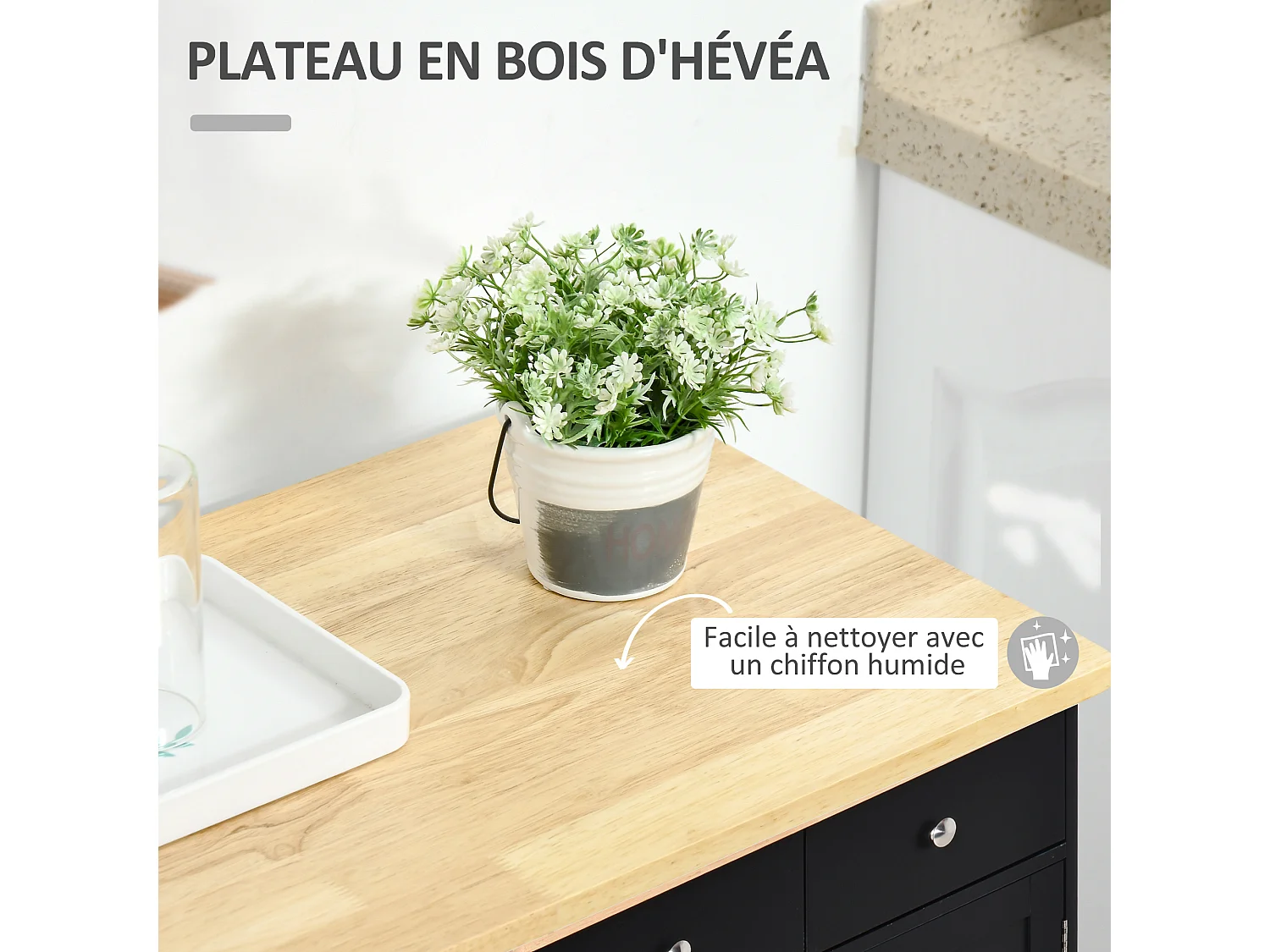 Buffet multi-rangement 2 portes avec étagère réglable 2 tiroirs coulissants bois d'hévéa MDF noir