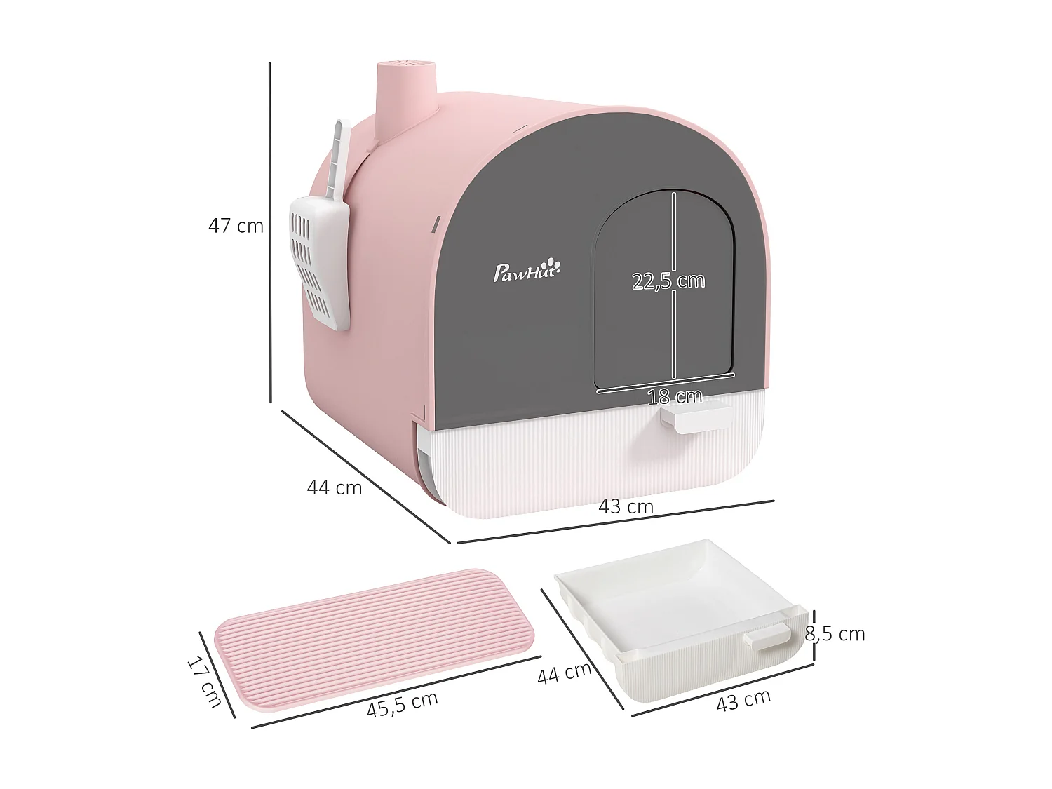 Maison de toilette bac à litière pour chat avec porte battante, pelle et filtre inclus dim. 43L x 44l x 47H cm PP rose