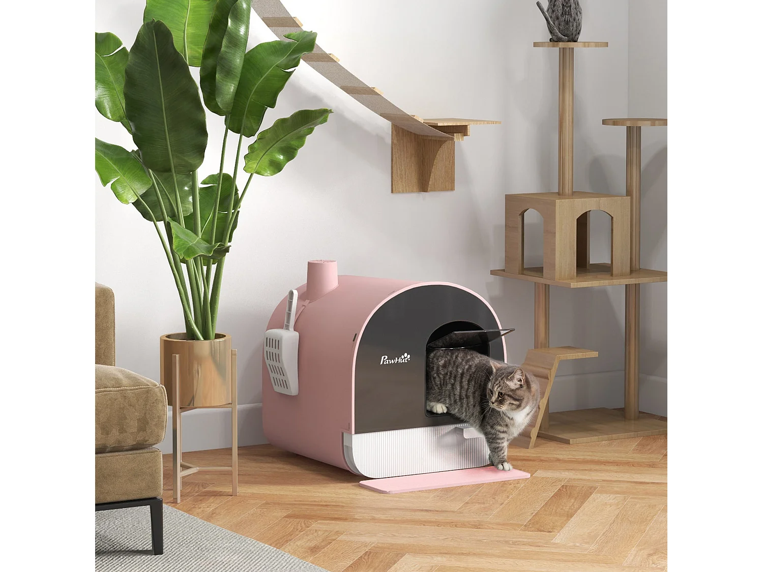 Maison de toilette bac à litière pour chat avec porte battante, pelle et filtre inclus dim. 43L x 44l x 47H cm PP rose