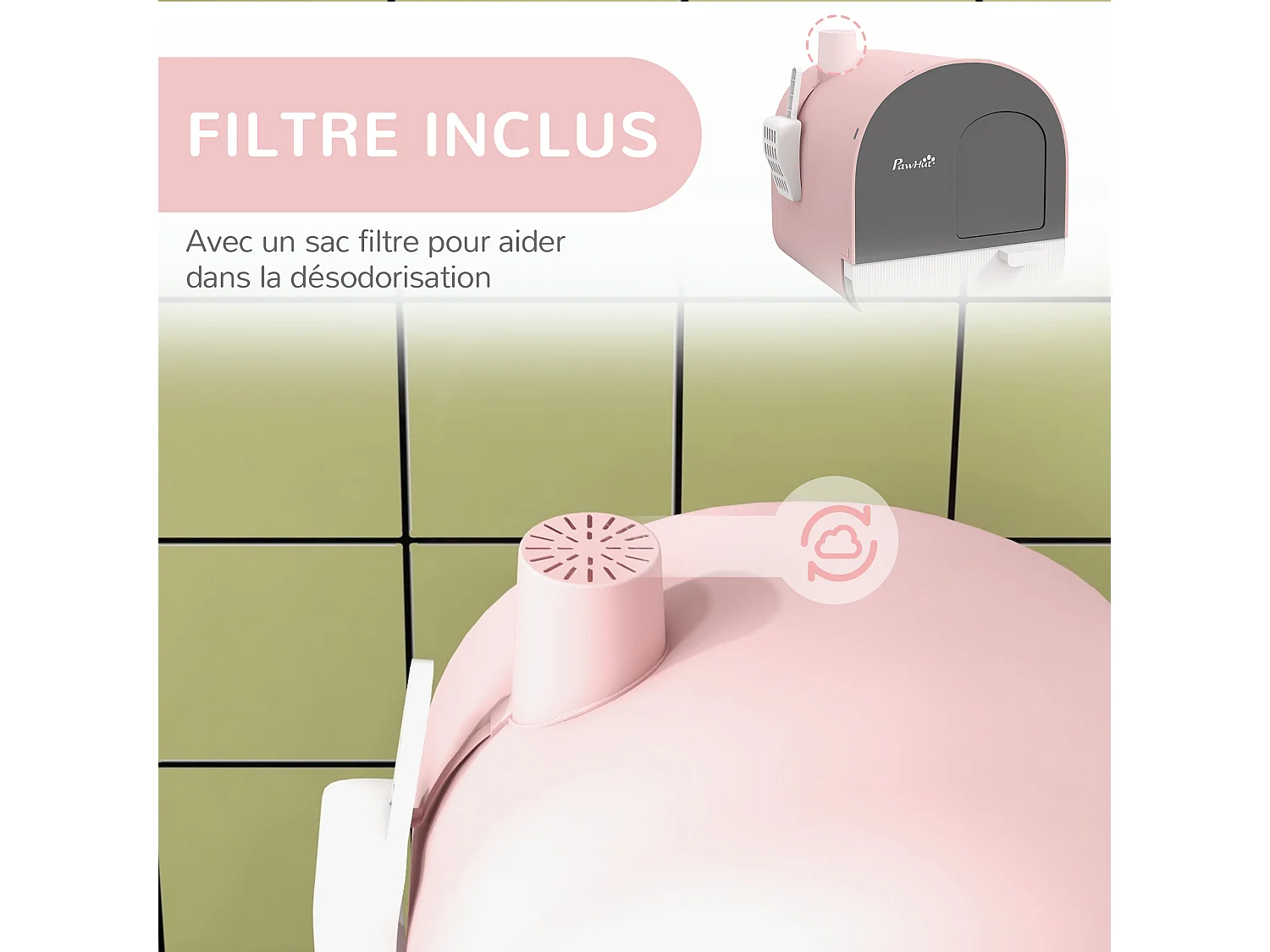 Maison de toilette bac à litière pour chat avec porte battante, pelle et filtre inclus dim. 43L x 44l x 47H cm PP rose