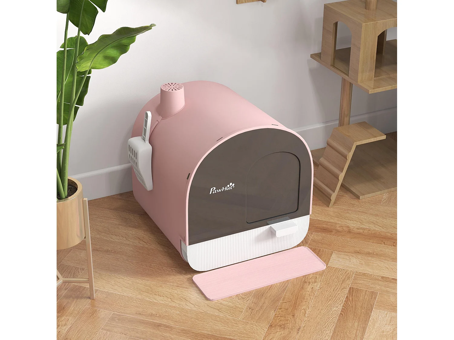Maison de toilette bac à litière pour chat avec porte battante, pelle et filtre inclus dim. 43L x 44l x 47H cm PP rose
