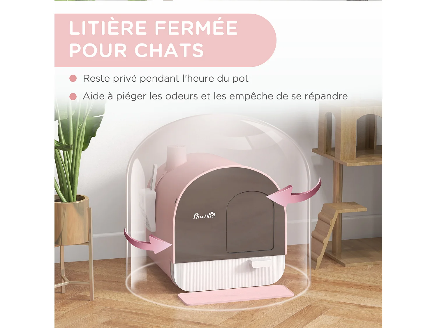 Maison de toilette bac à litière pour chat avec porte battante, pelle et filtre inclus dim. 43L x 44l x 47H cm PP rose