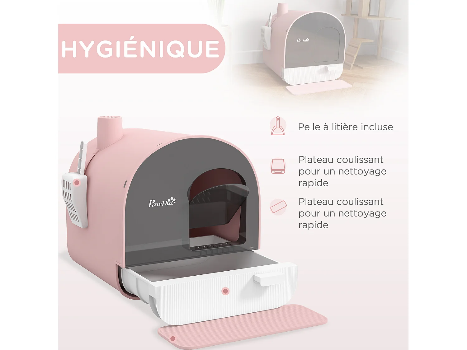 Maison de toilette bac à litière pour chat avec porte battante, pelle et filtre inclus dim. 43L x 44l x 47H cm PP rose